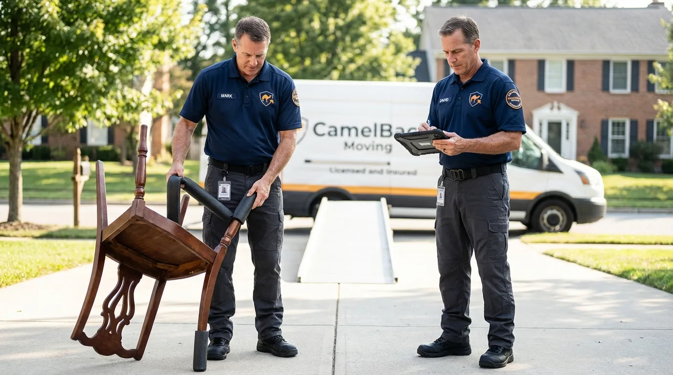 Movers inspecting furniture for damage prevention before loading in Gilroy, CA
