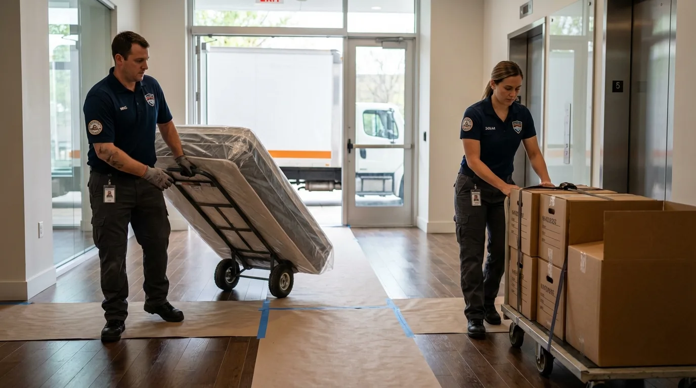 Professional apartment movers loading elevator in Gilroy, CA